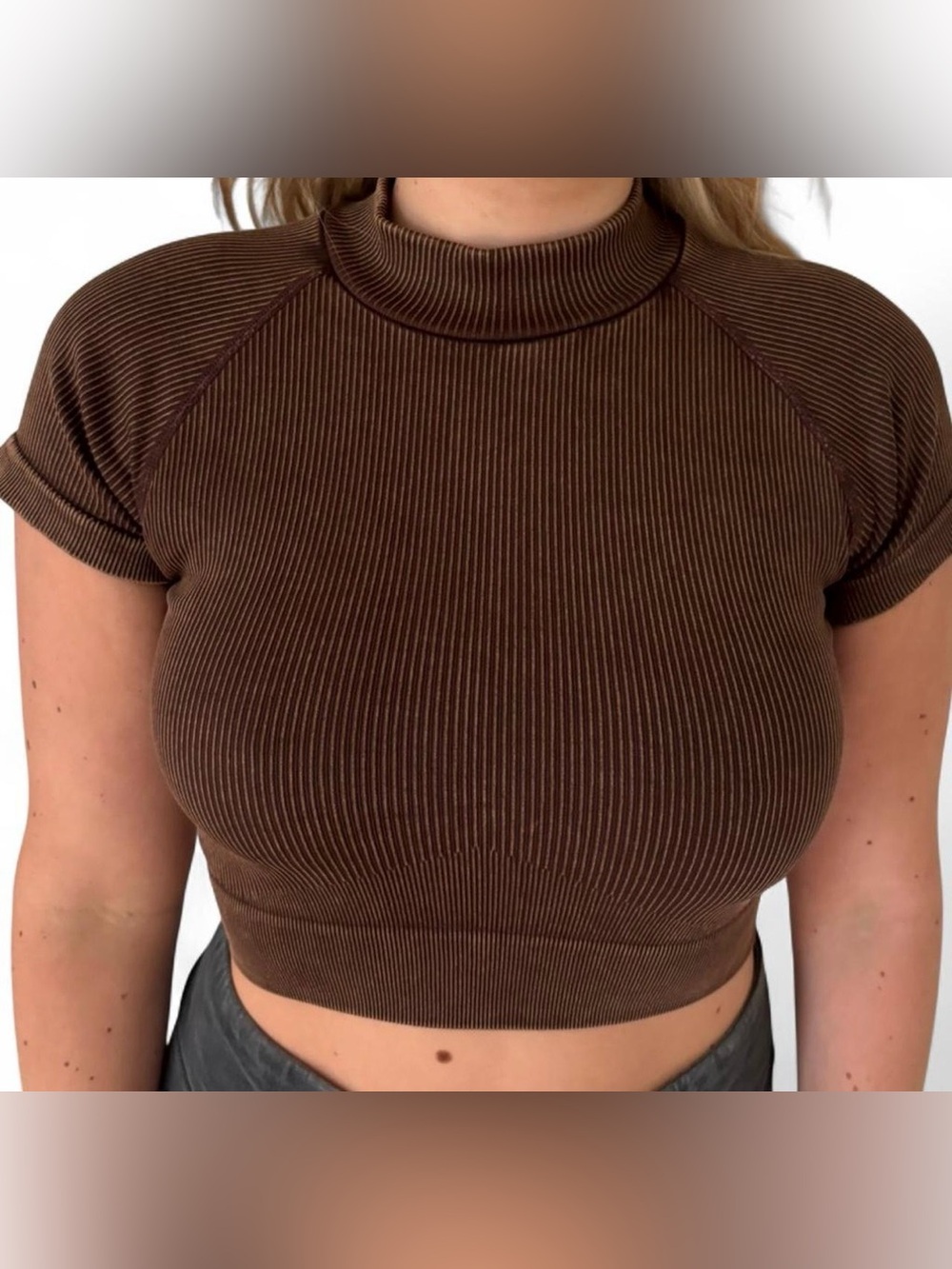 Cotton Candy Brown Ribbed Mock Neck Crop Tee
